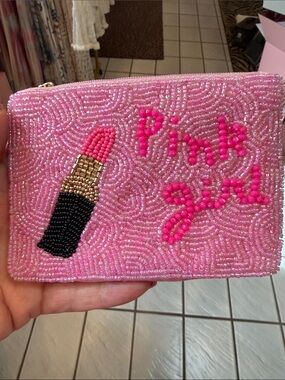Beaded Pink 'Pink Girl' Lipstick Cosmetic Pouch